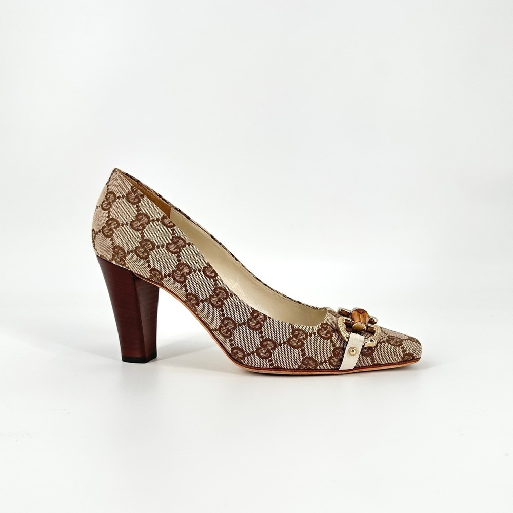 Gucci Tom Ford Era GG Monogram Canvas Bamboo Horsebit Square Toe Pumps Heels 8 B